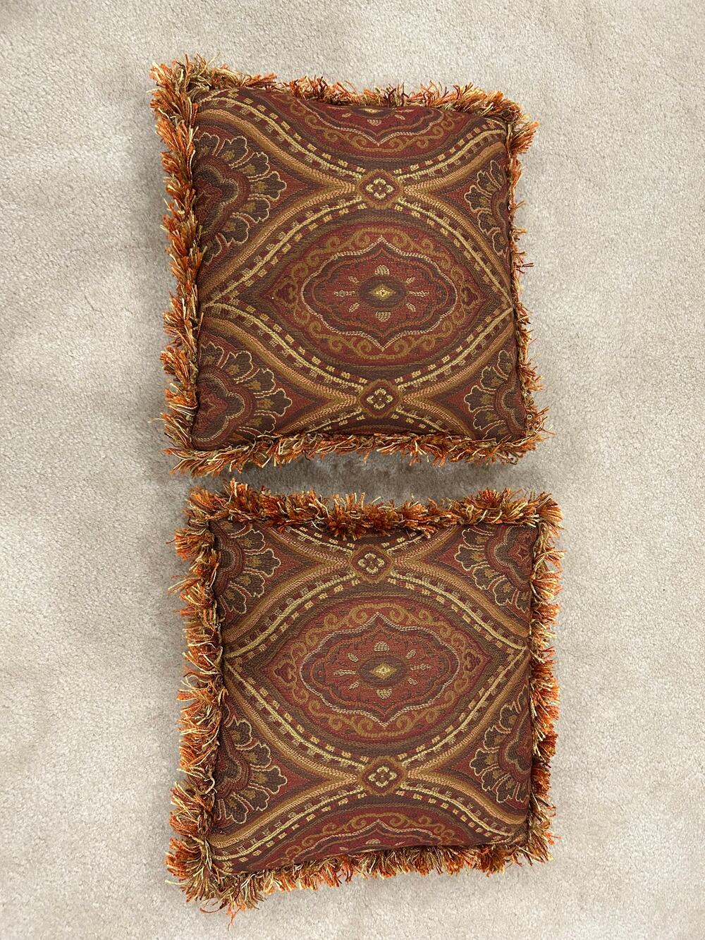 Pair paisley throw pillows red gold brown fringe trim no tag